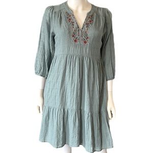 KNOX ROSE Long Sleeve Embroidered Neckline Aqua Dress SIZE S